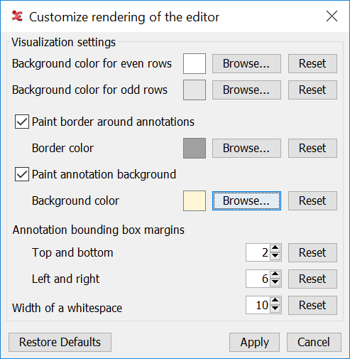 Interlinear editor configuration window