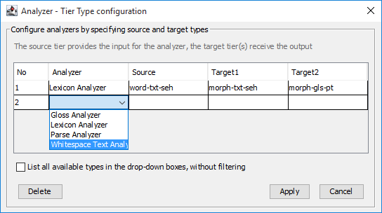 Analyzer - Tier Type configuration screen, choosing an analyzer