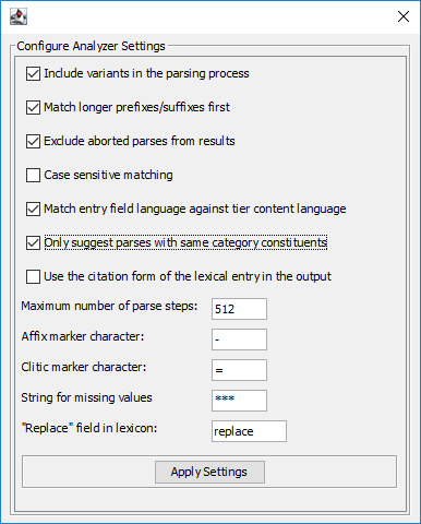 Lexicon Analyzer settings configuration window