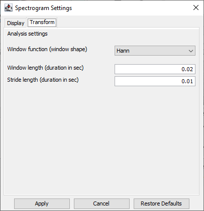 Spectrogram transform settings panel