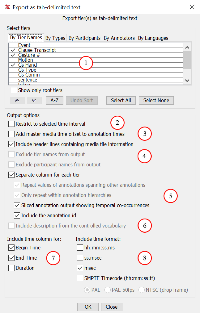Export as tab-delimited text dialog window