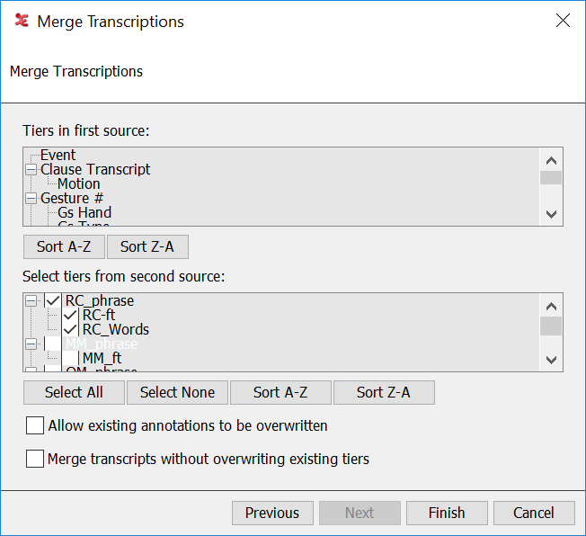 Merge transcriptions dialog window